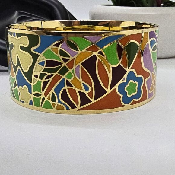 Beautiful GOLD-TONE Enamel Bangle Cuff Bracelet Vibrant Colors. - Picture 4 of 7